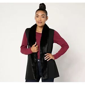 Denim & Co Womens 3X Open Front Jacquard Faux Fur Trim Vest Black NWOT